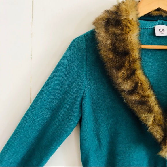 CAbi #3018 Tearoom Teal Cardigan with Faux Fur - Picture 4 of 8